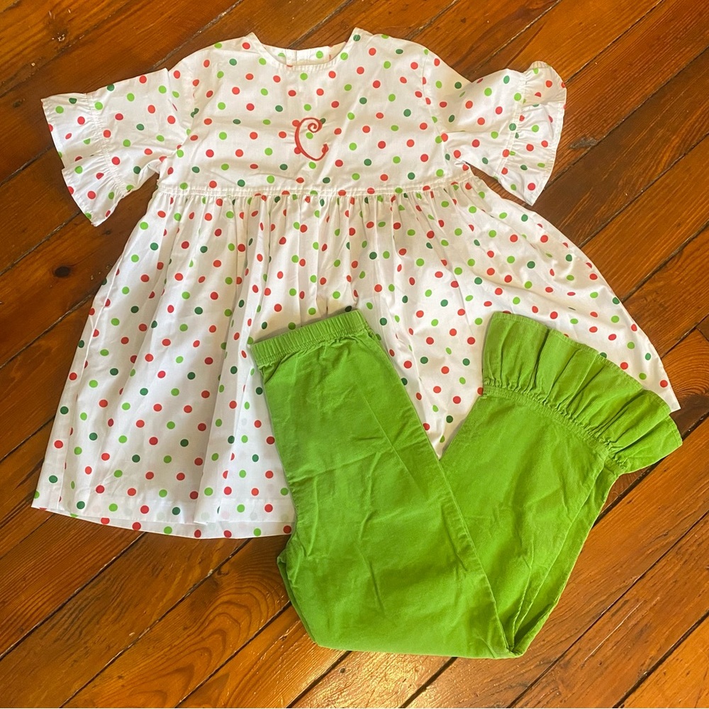 Kelly’s Kids Peplum Polka Dot Top & Green Matching Ruffle Pants Size 7/8 Medium